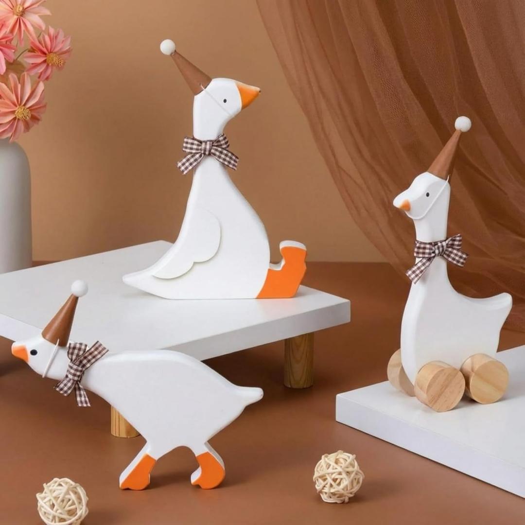Leinuosen 3 Set One Silly Goose Birthday Decorations 6 Inch Silly Goose Birthday Table Centerpiece Funny 1st Party Supplies Wooden Geese Push Pull Figurine Shelf Table Decor for Baby Shower (Brown)