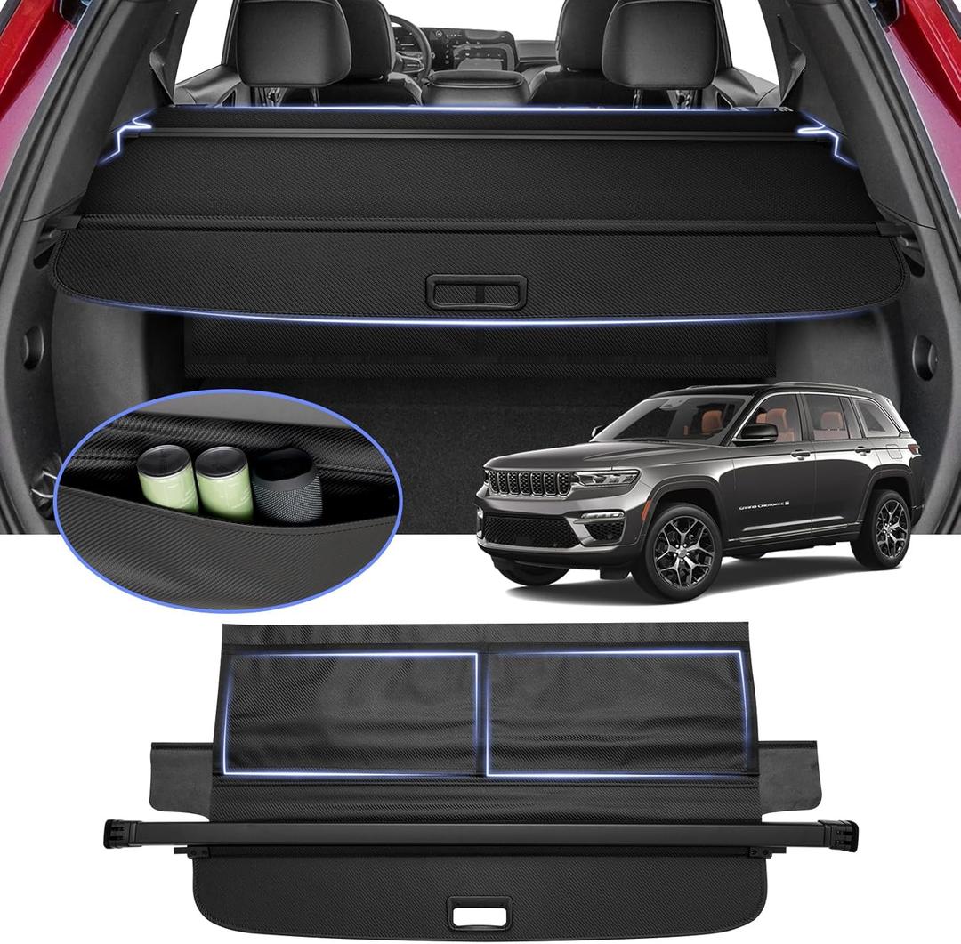 Cargo Cover for 2022 2023 2024 2025 Jeep Grand Cherokee (2 Row; WL) 4XE Accessories Trunk Cover with Extra Leather Pouch Retractable Security Shield Shade Cover pgraded Version