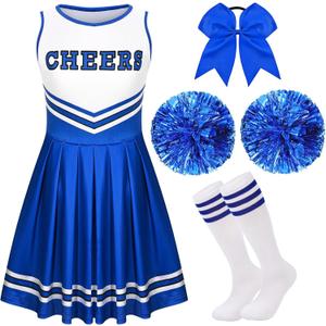 JcHrmers Girls Cheerleader Costume Set Include Dress, Hair Bow, Pom Poms and Socks for Halloween Party Dress Up (10-12 Years, Blue)