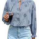 GORGLITTER Women's Boho Peasant Tops Gingham Floral Embroidered Flounce Long Sleeve Button Up Shirt Casual Blouses Blue X-Small