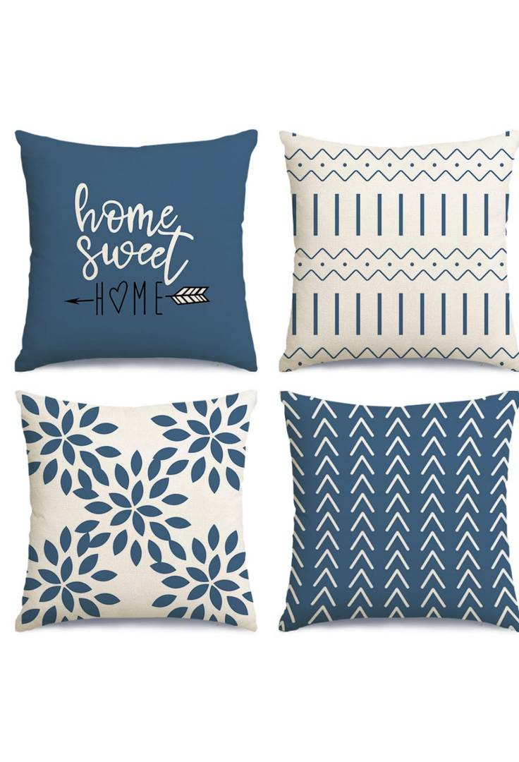 RABUSOFA Blue Throw Pillow Covers 18x18 Set of 4, Decorative Pillows for Couch Bed, Boho Outdoor Home Sweet Home Decor Pillow Cases for Home Linen Fabric Navy