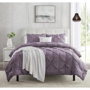 Clara Clark Grayish Purple Duvet Cover Queen Size - Pintuck Queen Duvet Cover Set, 3 Piece Double Brushed Duvet Covers with Button Closure, 1 Pinch Pleated Duvet Cover 90x90 inches and 2 Pillow Shams