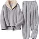 Arssm Women Fluffy Pajamas Set Fleece Pullover Pants Winter Loose Plush Lounge Sets 2 Piece Cozy Sleepwear(LightGrey-L) (Gray) Large