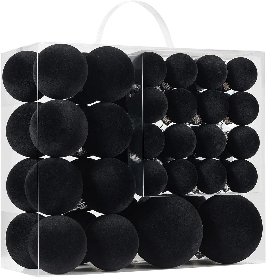 Velvet Christmas Ball Ornaments Set-46pcs Flocked Shatterproof Christmas Tree Decorations Plastic Xmas Decorative Hanging Ornaments for Xmas Holiday Home Decor,3 Sizes(Black)