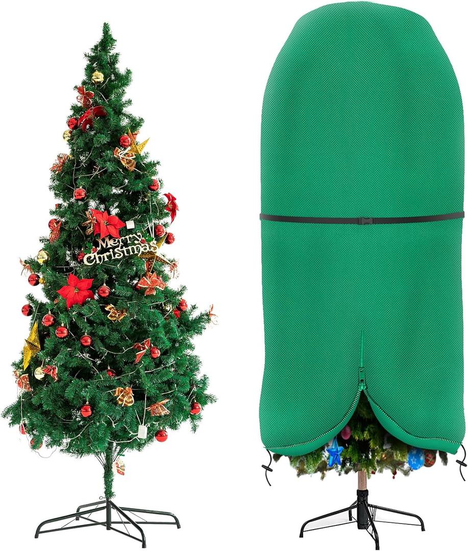 Upright Christmas Tree Storage Bag with Adjustable Straps, Xmas Tree Cover with Zipper & Drawstring for up to 6 Foot Artificial Tree Standing with Ornaments, Dustproof - Green