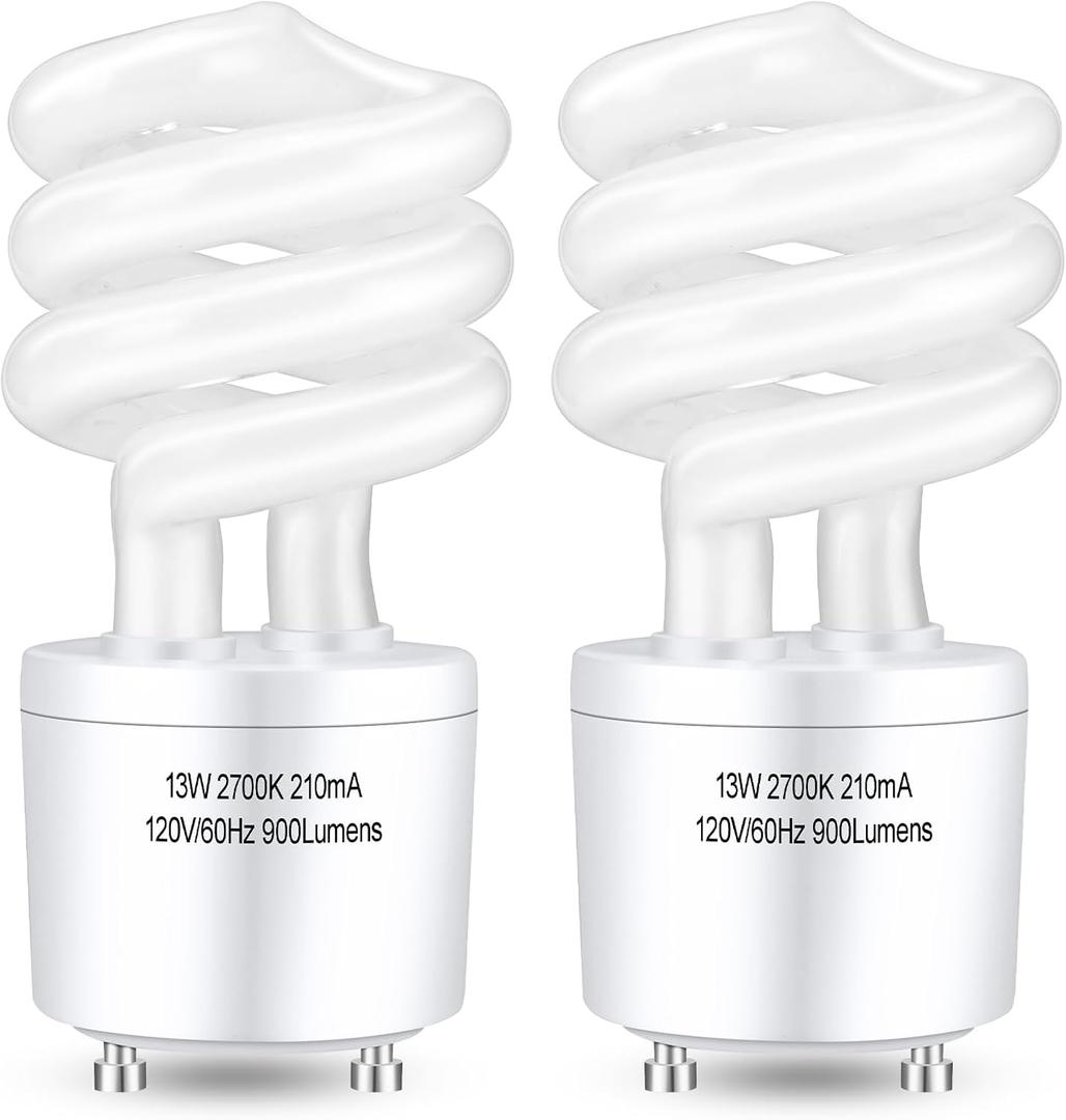 Winkcao CFL Light Bulbs GU24 Base, T3 Spiral 13Watt (60Watt Equ) Soft White 2700K 900lm Compact Fluorescent Light Bulbs, UL Approved, 120v 60Hz, Self Ballasted CFL Bulbs, Pack of 2