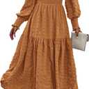 PRETTYGARDEN Women 2026 Spring Puff Long Sleeve Crewneck Smocked Maxi Dress Empire Waist Tiered A-line Swing Flowy Long Dress (XL)