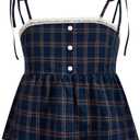 Verdusa Women's Tie Shoulder Button Front Ruffle Hem Cami Top Sleeveless Peplum Shirt Dark Blue X-Small