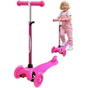 ChromeWheels Scooter for Kids, Deluxe 4 Adjustable Height 3 Wheels Glider with Kick, Lean to Steer with LED Flashing Light, Pink
