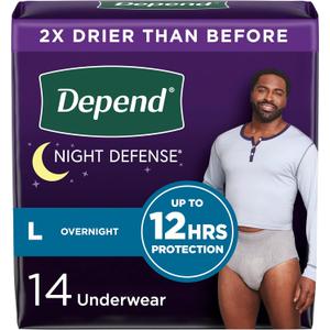Depend Night Defense Adult Incontinence Underwear for Men, Disposable, Overnight, Large, Grey, 14 Count, Packaging May Vary