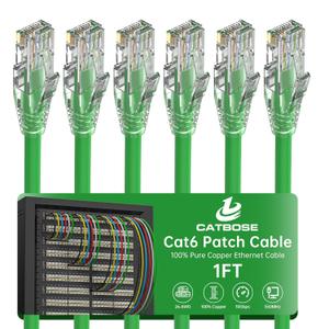 1 Foot Cat6 Patch Cable(6 Pack), Solid Pure Copper Patch Cord, Cat 6 Ethernet Cable, UTP Network, High Speed RJ45 Internet Cable, Compatible for Routers, Switches, PC, Servers, PS4/5, Xbox - Green