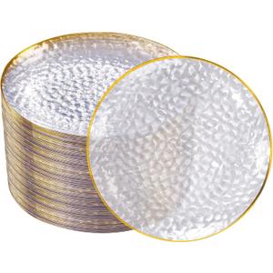 DaYammi 100 Pcs Gold Plastic Plates - 10 inch Clear Gold Dinner Plates Plastic Plates Disposable - Hammer Pattern Design - Fancy Disposable Plate - Heavy Duty Party Plate Ideal for Wedding