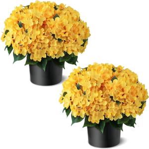 FOTEEWL Artificial Hydrangea Flower Topiary Trees - 2 Sets Faux Silk Flower Potted Plant, UV Resistant Fake Outdoor Hydrangea Bush for Front Door, Farmhouse,Garden, Porch Decor (Yellow)