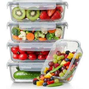 5 Pack 36oz Borosilicate Glass Food Storage Containers Set with Lids, Freezer Meal Prep Containers, Airtight Bento Lunch Container Set, Oven, Freezer and Dishwasher Safe, BPA Free, Kitchen Storage Set