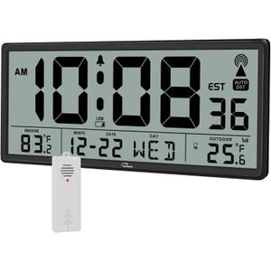 WallarGe Atomic Clock with Indoor Outdoor Temperature - Easy to Read - Self Setting, 14.5'' Jumbo Auto Set Digital Wall Clock Battery Operated