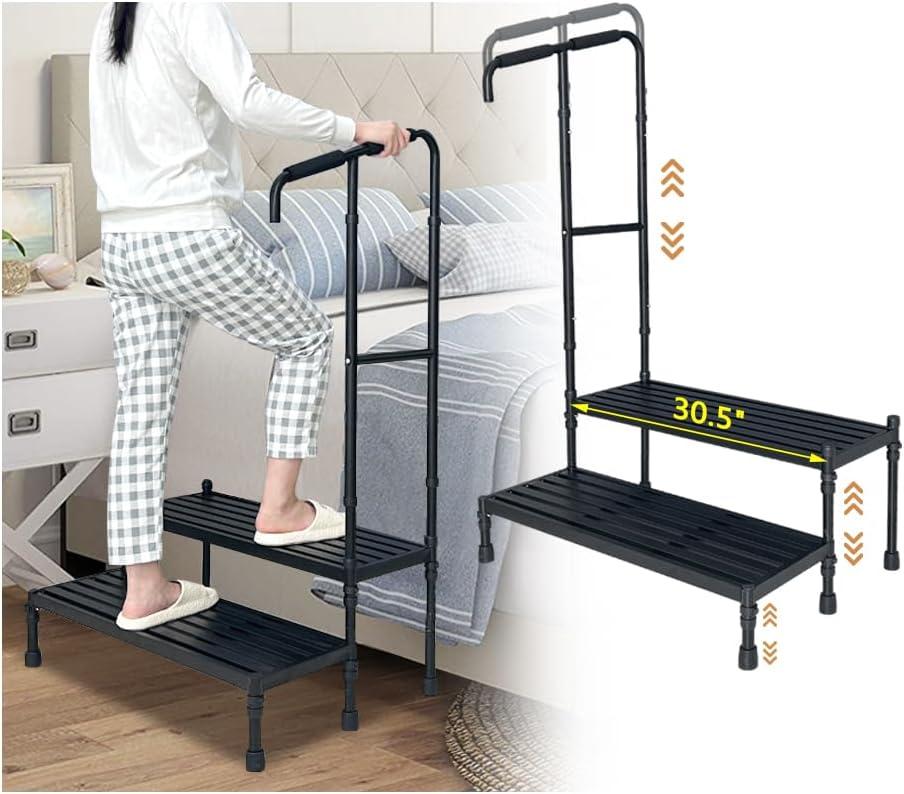 Bed Step Stool with Handle, Medical Bedside Stairs for High Beds Adults, Stepping Stool with Assist Rail Adjustable, Wide Platform Step for Elderly Seniors Handicap Mobility Two Step Stool