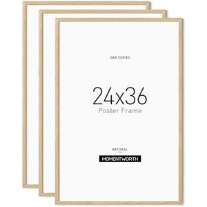 Momentworth Minimalist 24x36 Poster Frame Set of 3, Solid Oak Wood 24x36 Frame for Wall Mount - Wall Decor for Home, Office & Galley (Pack of 3 , Oak)