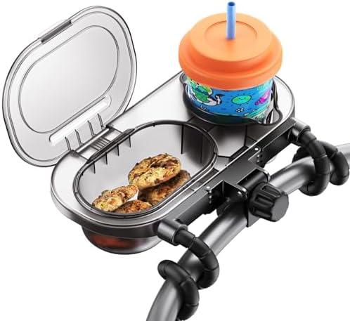 Universal Stroller Snack Tray: Cup Holder Tray with Silicone Flexible Arms Grip Stroller Tray with Dust Cover - Stroller Tray Attachment with Cups Holder for Baby & Toddler Stroller Accessories