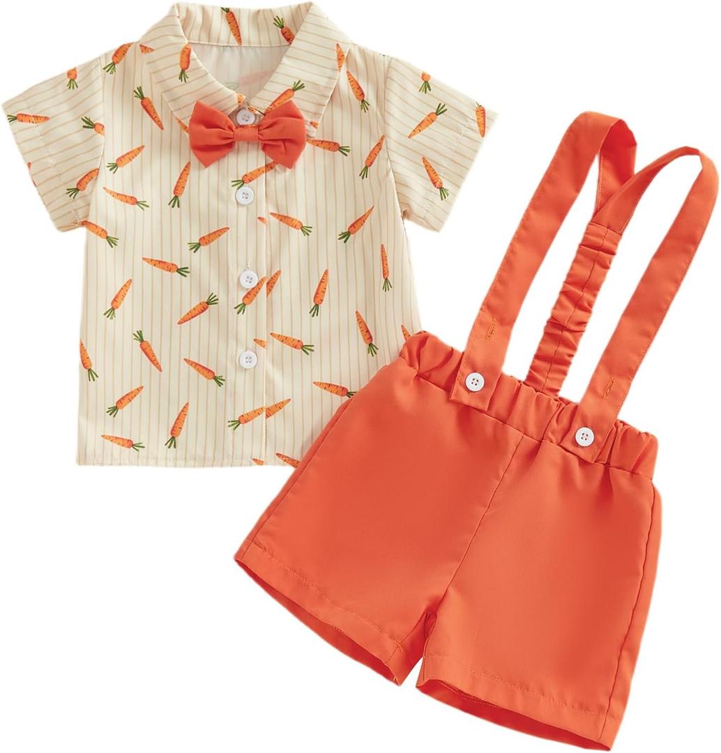 Thorn Tree Baby Boy Easter Outfit Bunny/ Carrot Button Down Shirts Suspender Shorts Newborn Infant Summer Clohtes Cute Outfits (Orange, 6-12 Months)