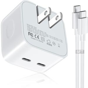 35W Dual USB-C Port - Compact Power Adapter Foldable USB Type C Plug Fast Wall Charger with 2Pcs 5FT C to L, C to C Charging Cord for iPhone 14 13 12 11 Pro Max Plus Mini, iPad, MacBook Air