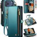 Defencase Compatible with iPhone 17 Pro Case Wallet with RFID Blocking Card Holder for Women and Men, PU Leather Magnetic Snap Flip Zipper Strap Wallet Phone Case for iPhone 17 Pro 6.3", Blue Green