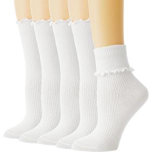 BISOUSOX Ruffle Socks, White Frilly Crew Socks for Women Girls, Cute Turn Cuff Dress, School Uniform Socks Size 5-9