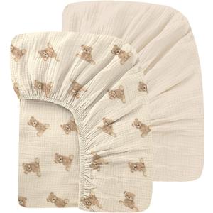 100% Organic Cotton 2 Pack 52x28 Inches Muslin Crib Sheets Fitted Crib Mattress Sheet for Baby Girls & Boys, Soft Boho Neutral Toddler Bed Sheets Fits Well Standard Size Crib Mattress 28x52 Inches (B - Teddy Bear & Oat)