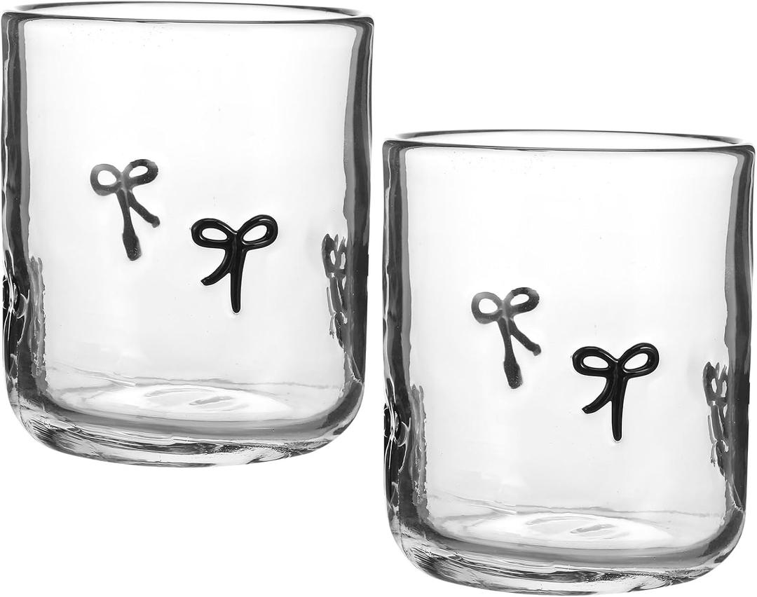 Skylety 2 Pack Bow Icon Juice Glass Coquette Bow Aesthetic Cup 14 ounce Double Old Fashioned Icon Handblown Cocktail glasses for Women Friend Party(Black)