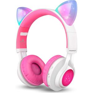 Riwbox CT-7 Cat Ear Bluetooth Headphones, LED Light Up Bluetooth Wireless Over Ear Headphones with Microphone and Volume Control for Travel/School/Smartphones/Laptop/PC/TV (White&Pink)