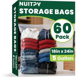 60 Pack Large 5 Gallon Storage Bags with Zipper Top, 18 x 24 inch Zipper Bags, Clear Plastic Bag for Storage, Reusable, Sealable Storage Bag for Clothes, Travel & Moving, Double-sided Thickness 4 Mil