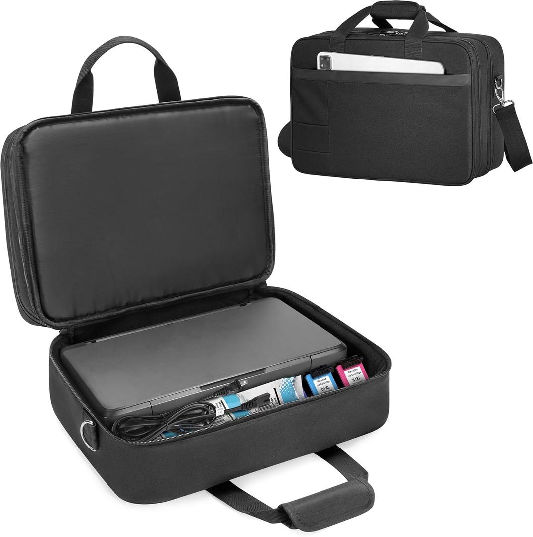 CURMIO Double Layer Printer Carrying Case Compatible with HP Tango/Tango X, OfficeJet 200/250, Wireless Mobile Printer Travel Bag with Luggage Strap and Pockets for 15.6 Laptop, Bag only