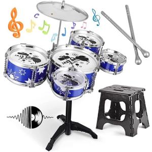 Kids Drum Set,Jazz Drum Musical Toys, 5 Drum with Stool Mini Band Rock Set,Toddler Educational Percussion Musical Instrument Drum Toy, Birthday Gift for Kids Gift Set
