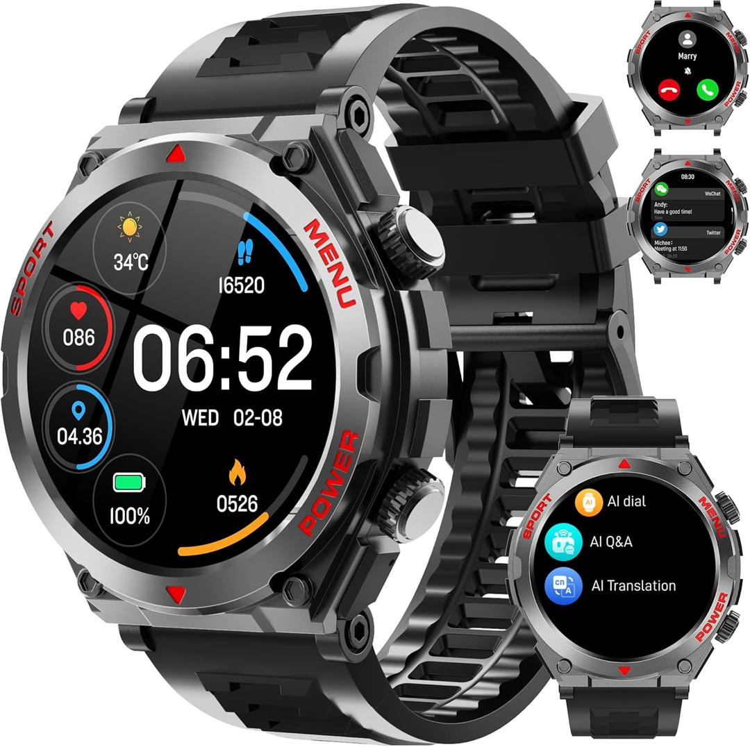 Military Smart Watches for Men(Answer/Make Calls), 1.52" HD Fitness Watch, AI Built-in,Heart Rate Sleep Monitor, AI Face,100+ Sport Modes, Text, IP68 Waterproof Smartwatch for Android iOS (Black)