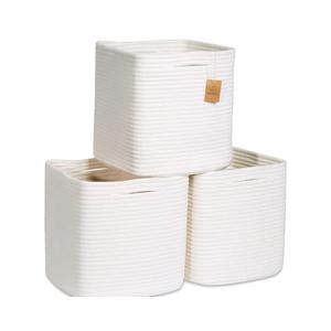 Storage Cubes Cotton Rope Woven Baskets for Organizing, 3-Pack | Cube Storage Bin | Square Storage Baskets for Shelves Organizer, Classroom, Kids Toy Bins, Closet, Baby Nursery, Beige