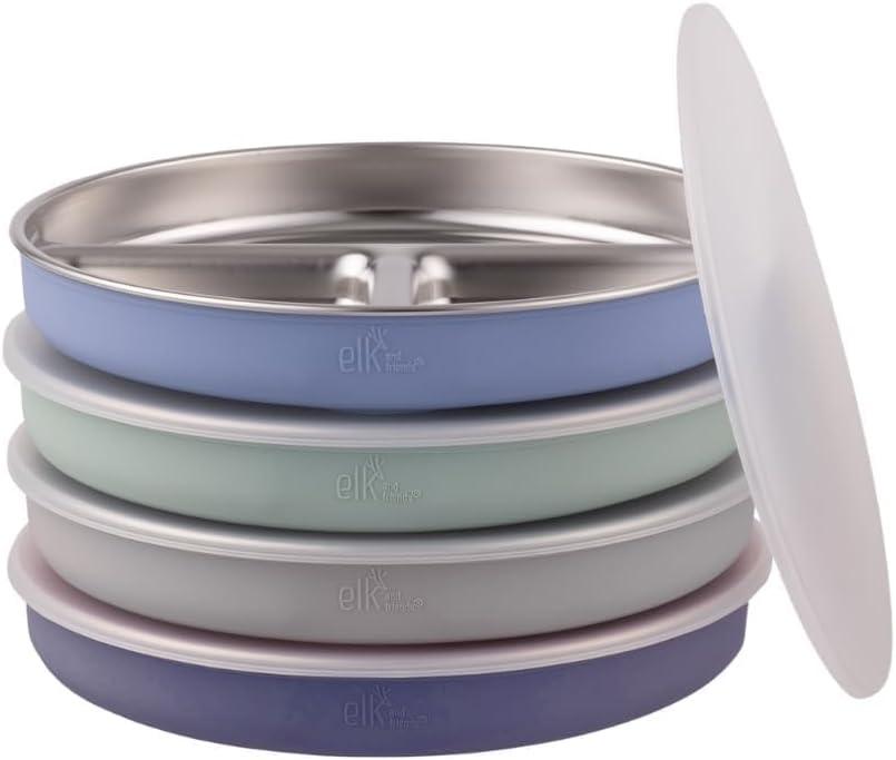 Elk and Friends Stainless Steel Divided Plates with Silicone Sleeve for Babies & Toddlers | Lids Included | Stay Put Suction | Dinner & Snack Plates | 4 Pack