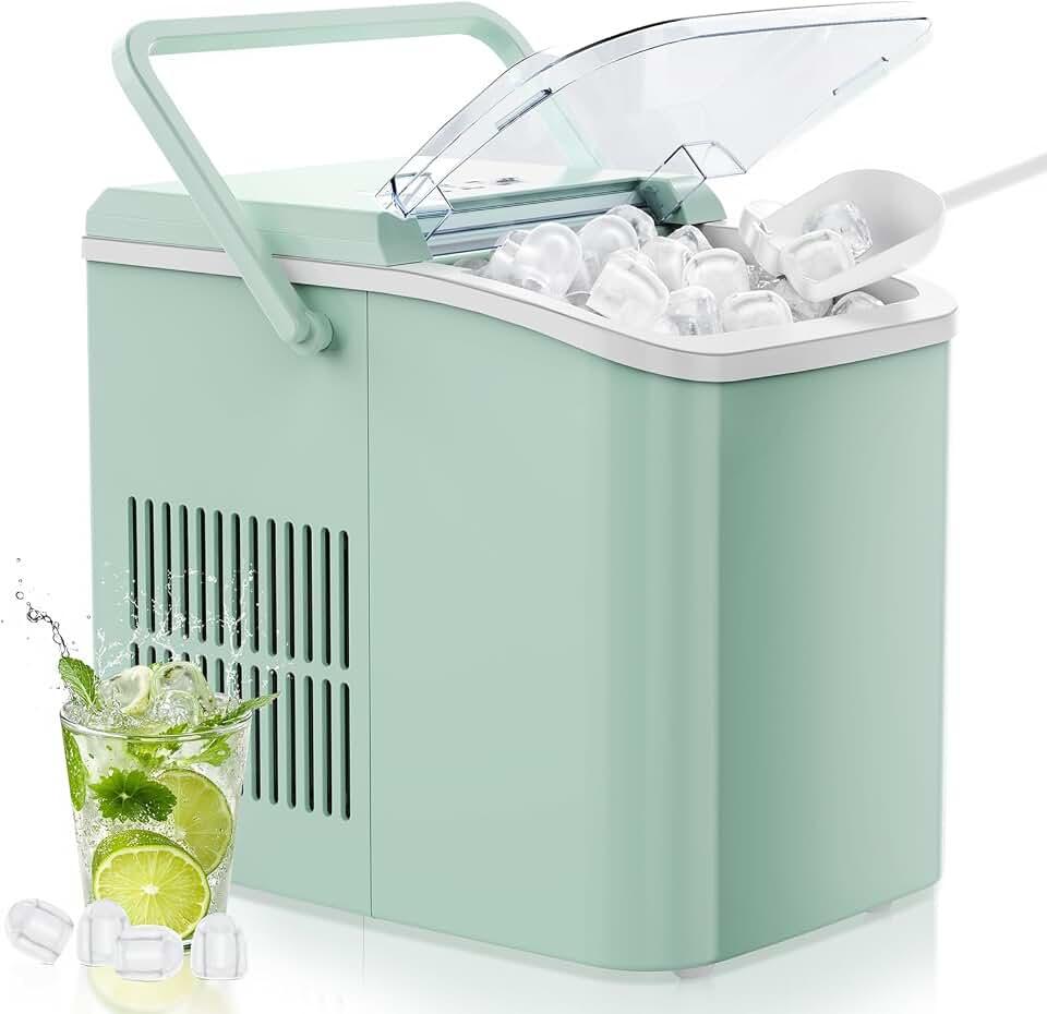 OLIXIS Countertop Ice Maker Machine with Handle, Auto-Cleaning Portable Ice Maker with Basket & Scoop, 26lbs in 24Hrs & 9 Cubes in 6 Mins, 2 Cube Sizes, for Home Party Camping RV, Green