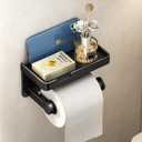 VOLDRA Toilet Paper Holder with Phone Shelf, Self-Adhesive or Screw-in Toilet Tissue Roll Holder Wall Mount, Rustproof & Multifunctional Bathroom Toilet Paper Holder Storage Dispenser, (Black) (With Shelf)