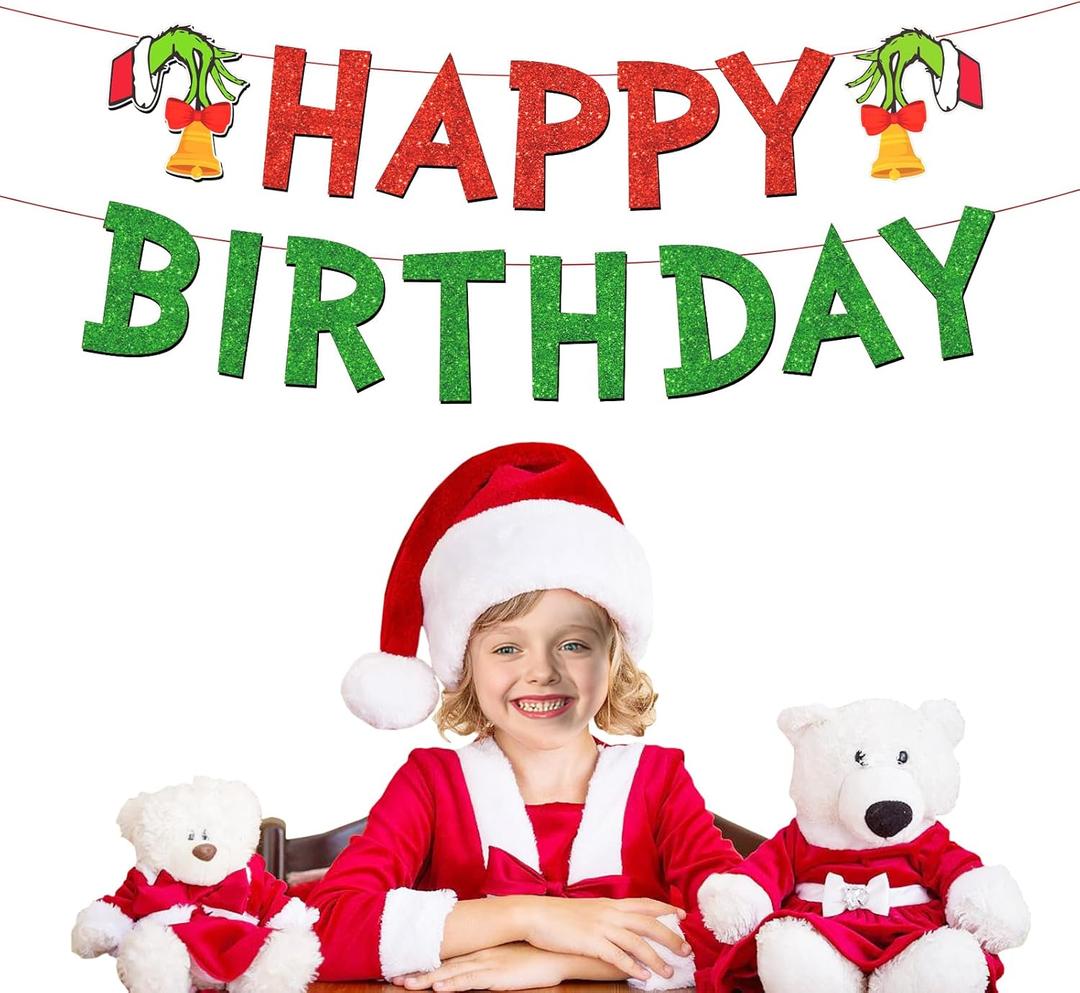 Merry Christmas Birthday Banner, No DIY, Glittery Happy Xmas Themed Party Decorations Red and Green December Party Supplies