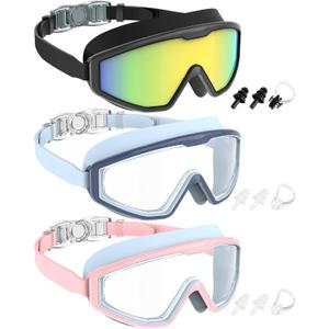 NSSIW Swim Goggles Swimming Kids-Goggles: Anti Fog No Leak with Nose Clip Earplugs for Girls Boys Youth 6-14 3 Pack (07 Black Gold & Navy Blue Clear & Pink Blue Clear)