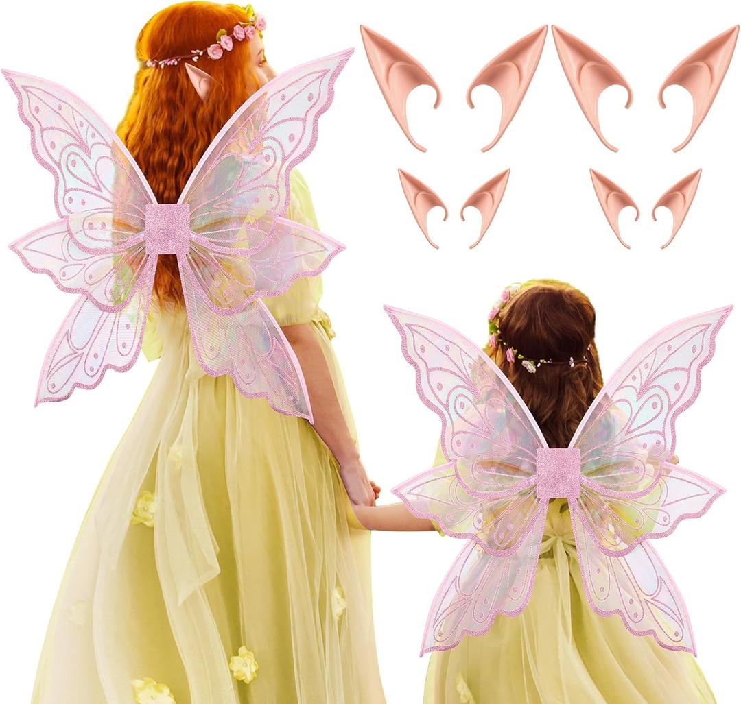 2 Set Glitter Fairy Wings with Elf Ears Butterfly Wing Mum Daughter Halloween Fairy Costume for Girl Women (Pink)