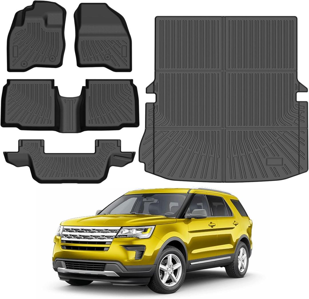 KUST Floor Mats Set for Ford Explorer 2015-2019 (7 Seats), All Weather Floor Liners & Rear Trunk Mat for Explorer Accessories Cargo Liner TPE Rubber Raised Edge