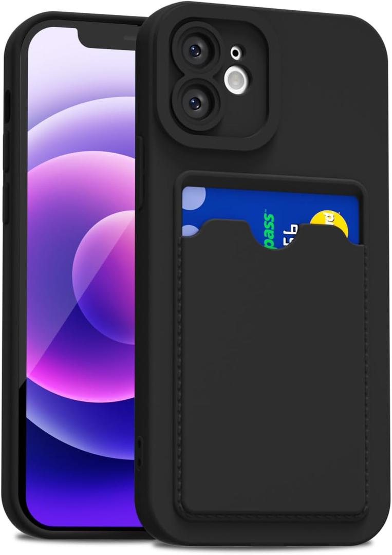 For iPhone 12 Mini Case with Card Holder Slim, Thin Silicone Wallet Phone Case with Credit Card Slot for Women Men, Soft Rubber Gel TPU with Pocket Shockproof Camera Cover, Black