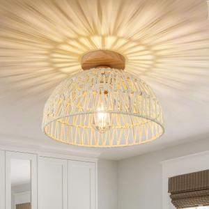 Boho Ceiling Light Fixture Rattan Flush Mount Ceiling Light Bedroom Chandelier Hand-Woven Lamp Shade Wooden Base Small Chandelier Boho Ceiling Lamp for Hallway Nursery Kitchen (Cream white)