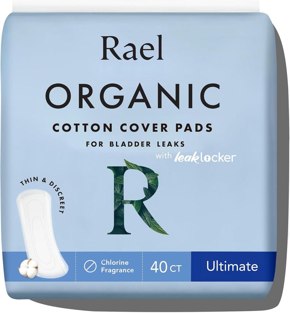 Rael Incontinence Pads for Women, Organic Cotton Cover, Postpartum Essential, Heavy Absorbency, Bladder Control, 4-Layer Core with Leak Guard Technology, Long Length (Ultimate, 40 Count) (40 Count (Pack of 1))