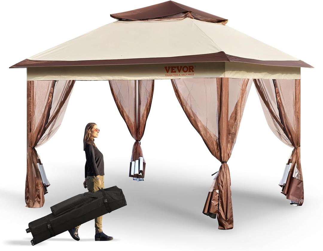 VEVOR Pop up Gazebo for 8-10 Person, with Mosquito Netting, Metal Frame, and PU Coated 250D Oxford Cloth, Outdoor Canopy Shelter for Patio, Backyard, Lawn, Garden, Deck, 11 x 11 FT, Brown