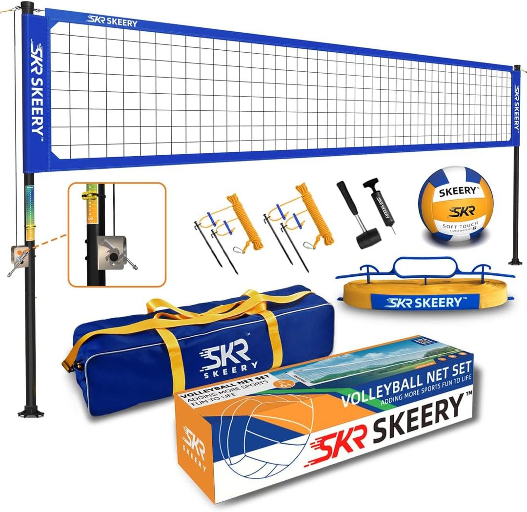SKEERY Outdoor Heavy Duty Volleyball Net Set, Anti-Sag Design, Adjustable Aluminum Poles, Portable Volleyball Net for Backyard, Grass and Beach, Blue