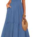 MASCOMODA Womens Summer Casual Midi Dress Square Neck Ruffle Short Sleeve Smocked High Waist A Line Wedding Guest Dresses (Blue, L)