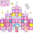 Diamond Magnetic Tiles Unicorns Princess Castle with Magnetic Art Decor Kit, Unicorn Toys for Girl 3 4-6-8, Magnet Tiles for kids 4-8 5 6 7+ Girl Gifts,Magnet Toys Include 5 Dolls,Rainbow,Candy,Decors