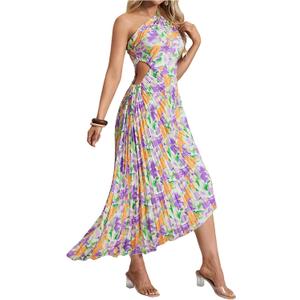 MakeMeChic Women's Casual Striped Cut Out One Shoulder Sleeveless High Waist Summer A Line Maxi Dresses Purple Large
