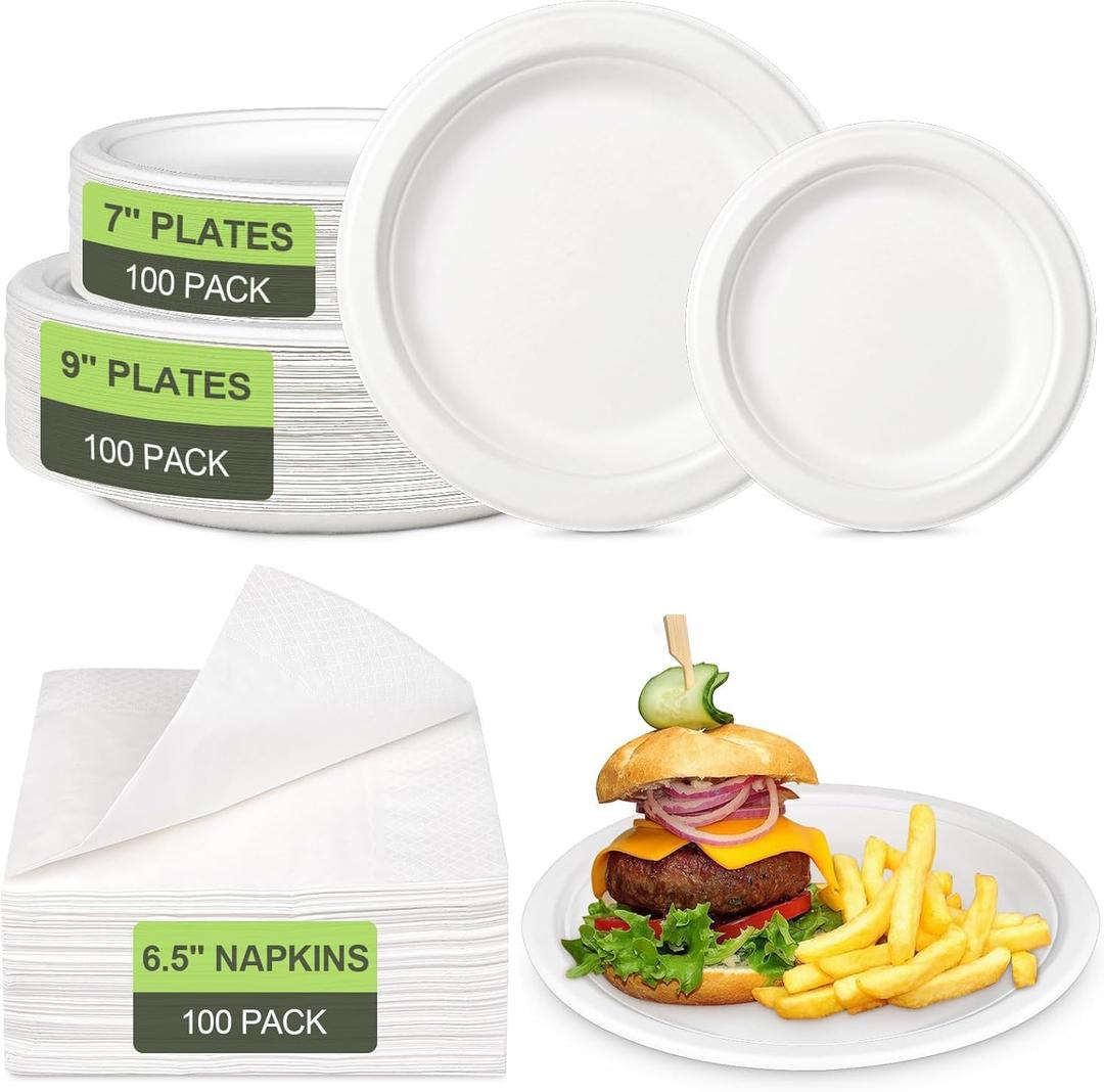 Disposable Paper Plates Set, 7-inch, 9-inch Eco friendly Heavy Duty Plates and Napkins Party Supplies, Compostable Dessert Dinner Paper Plate White, For 100 Guests